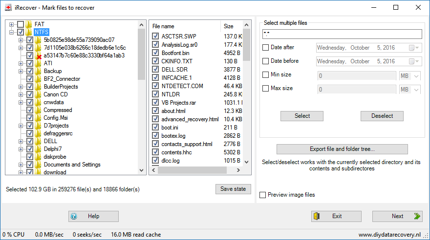 iRecover directory tree shows a FAT and a NTFS partition