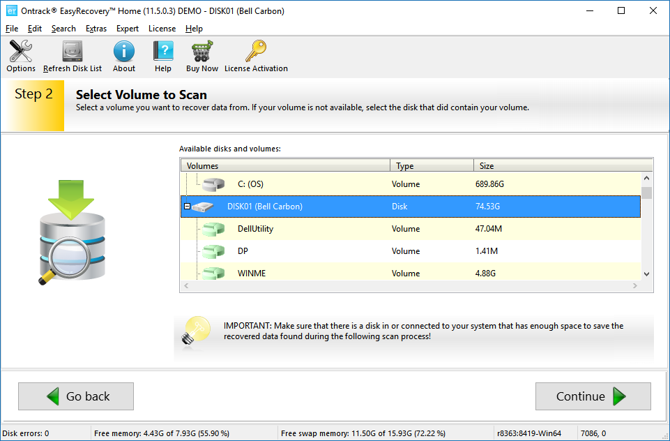 EasyRecovery Partition Scan Results comes up with a huge list of volumes.