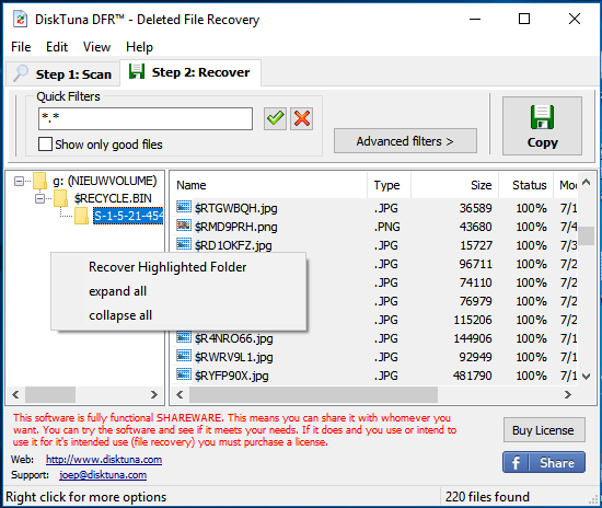 DiskTuna Deleted File Recovery - Right click directory tree to copy select directory