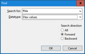 Search, set data type to Hex-values