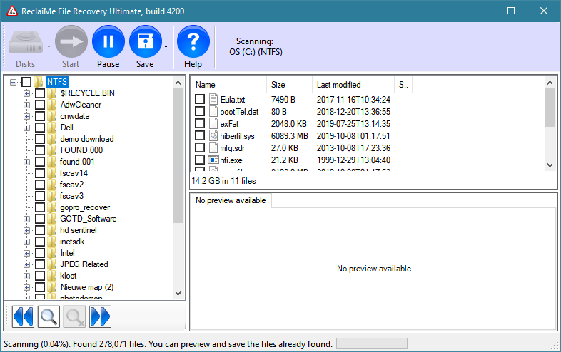 All-round data recovery. Disk scan in progress. you can already preview and save data!