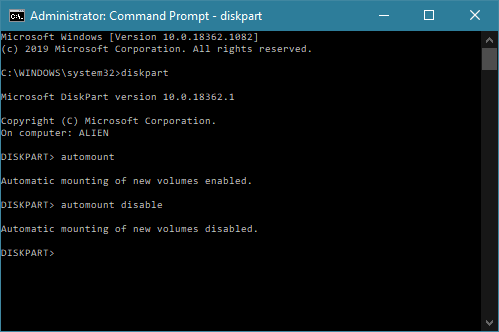 disable windows automount using diskpart