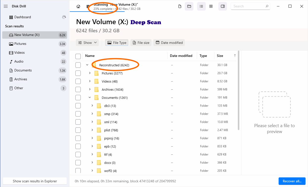Disk Drill Deep Scan results: recovered files based on signatures