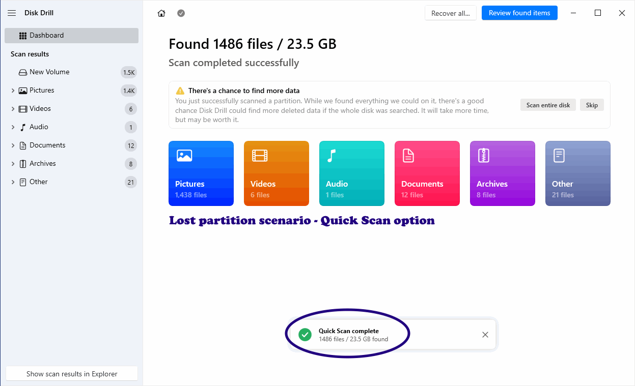 Disk Drill Quick Scan results: list of recently deleted files with original folders