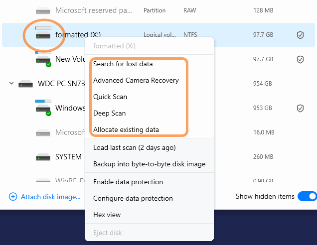 Right click option for selected partition
