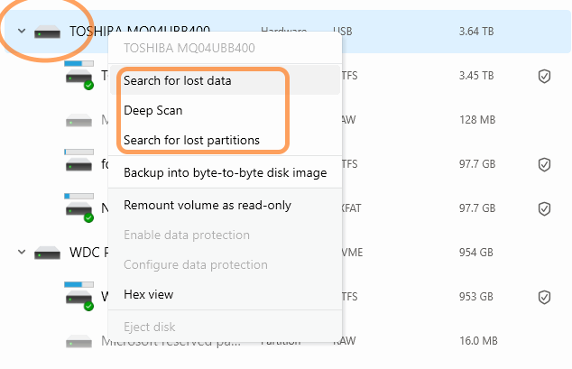 Right click options for physical drives